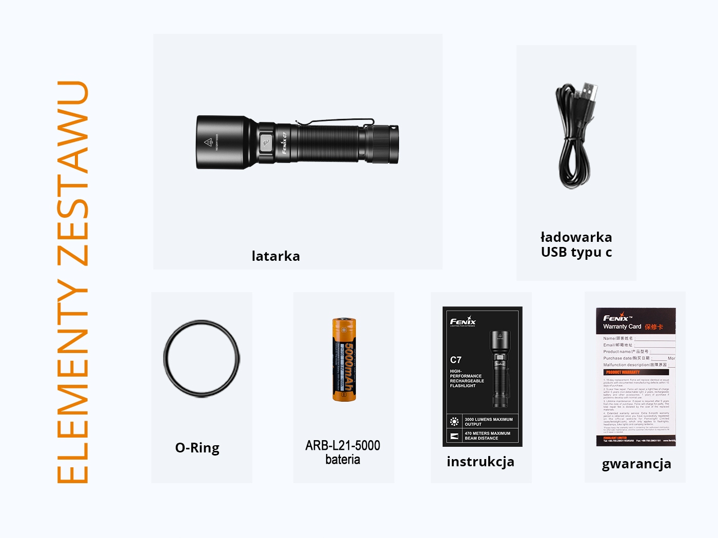 Fenix C7 3000lm 470m USB-C водонепроникний клас IPX 8 світлодіодний ліхтарик