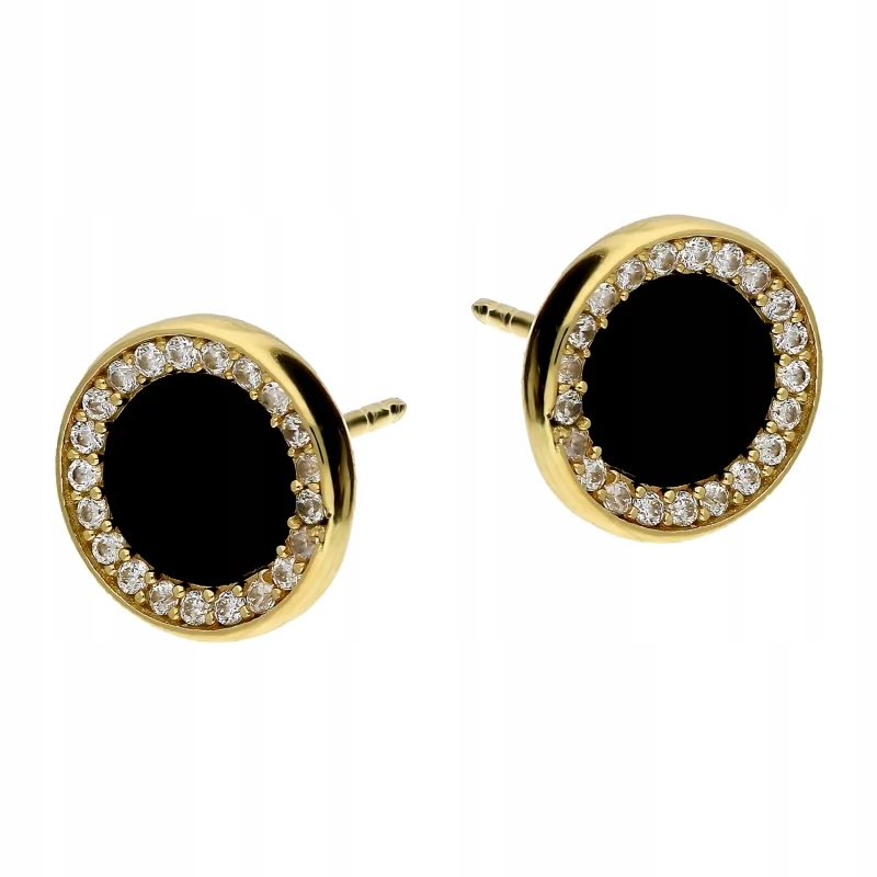 zlaté náušnice pro ženu 585 kulaté s onyxem a bílými zirkony 2.3 g