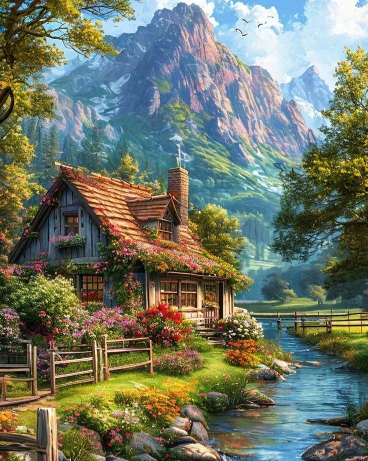 Diamantové malování Krajina Dům Vesnice Květiny Pole Louka Příroda Velký 80x100 cm