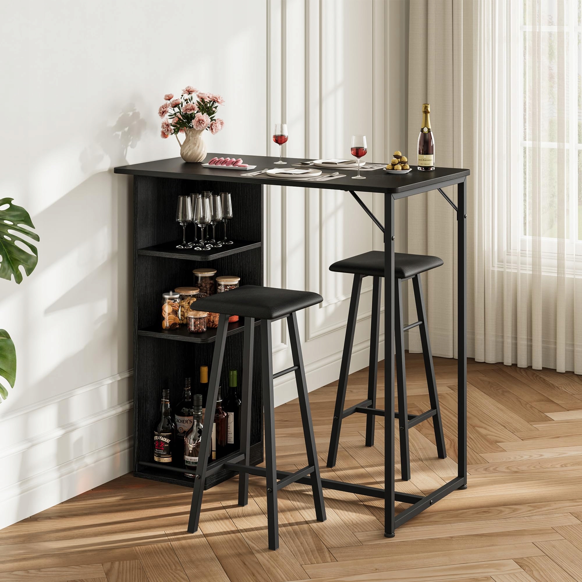 Jídelní Set 3 ks, Kuchyňský Barový Stůl, Černý Černá Konstrukce (Polstrovaný Sedák)