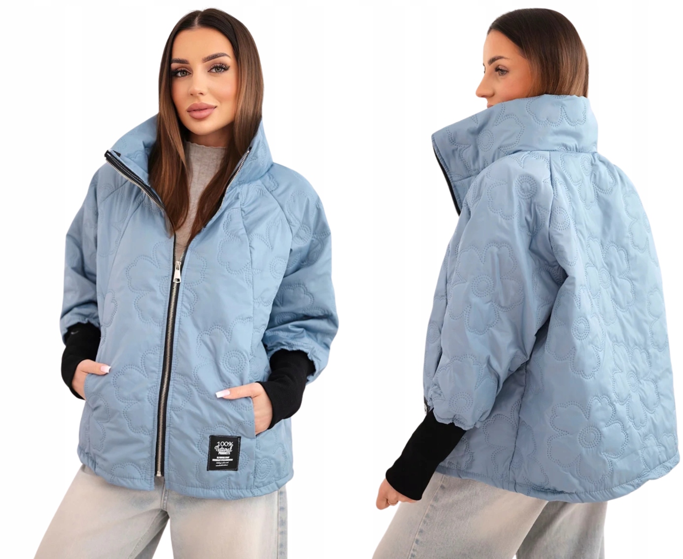 Jeansowa kurtka damska wiosenna z kapturem i ozdobnym wzorem kwiatowym