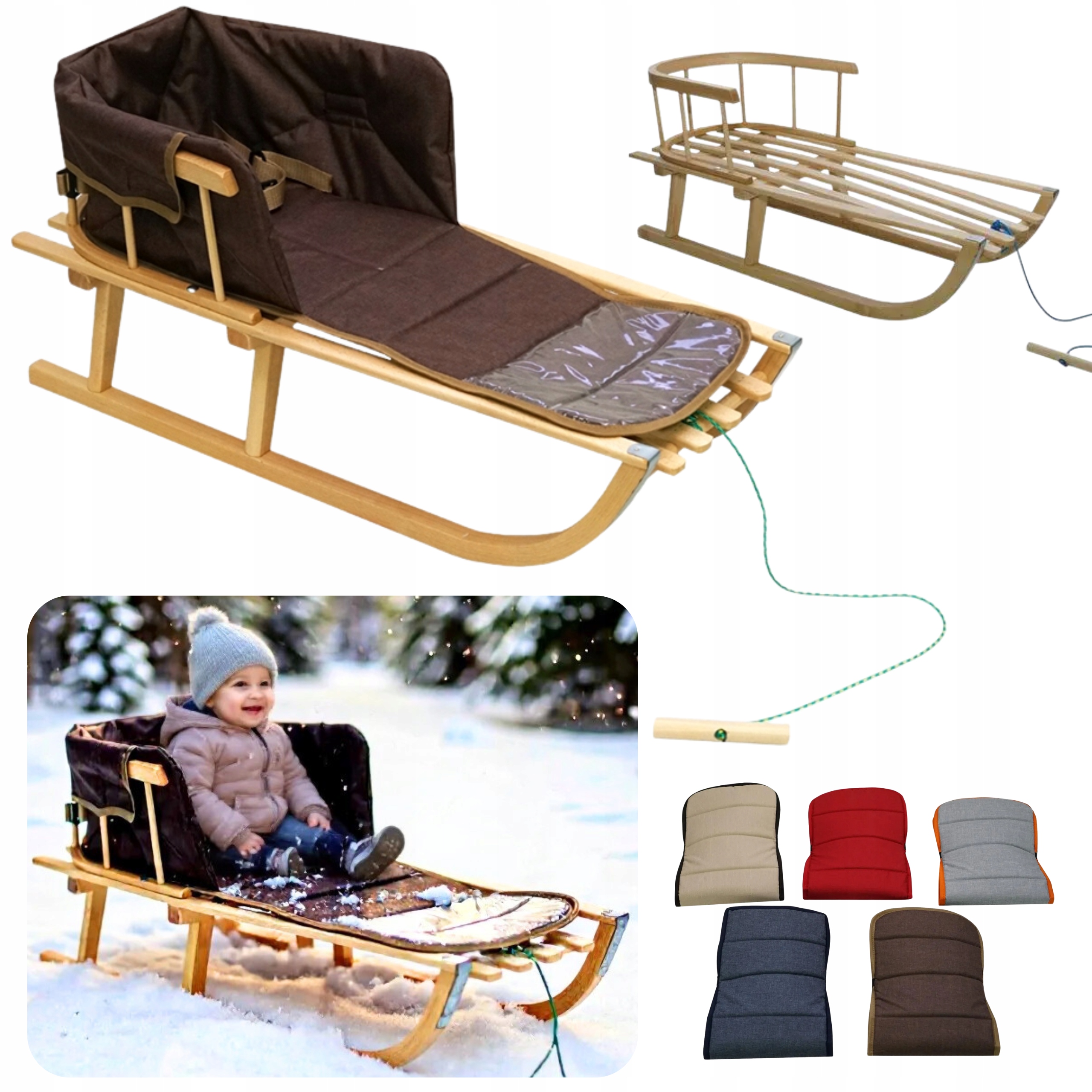 Sanki drewniane z oparciem materacyk dla dziecka Polskie Classic