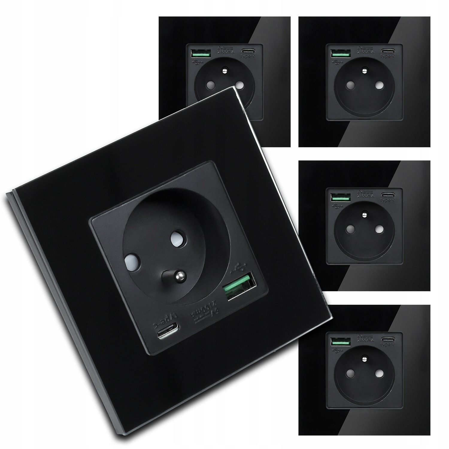 5x Moderní Černá Elektrická Zásuvka Sklo S Zabudovanou Usb Nabíječkou