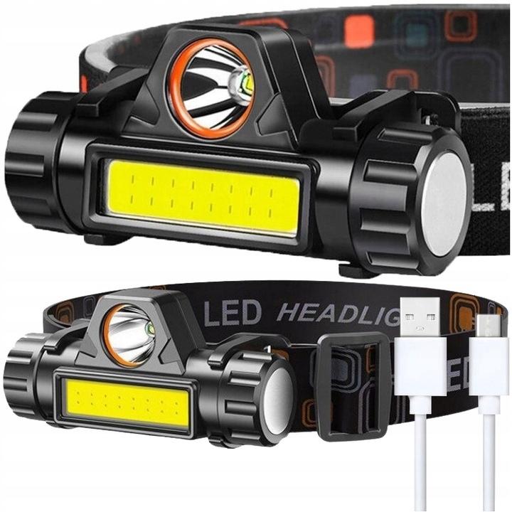 LATARKA CZOŁOWA 4w1 LED CZOŁÓWKA NA GŁOWĘ MAGNES ZESTAW KABEL USB REFLEKTOR Zasilanie akumulatorowe