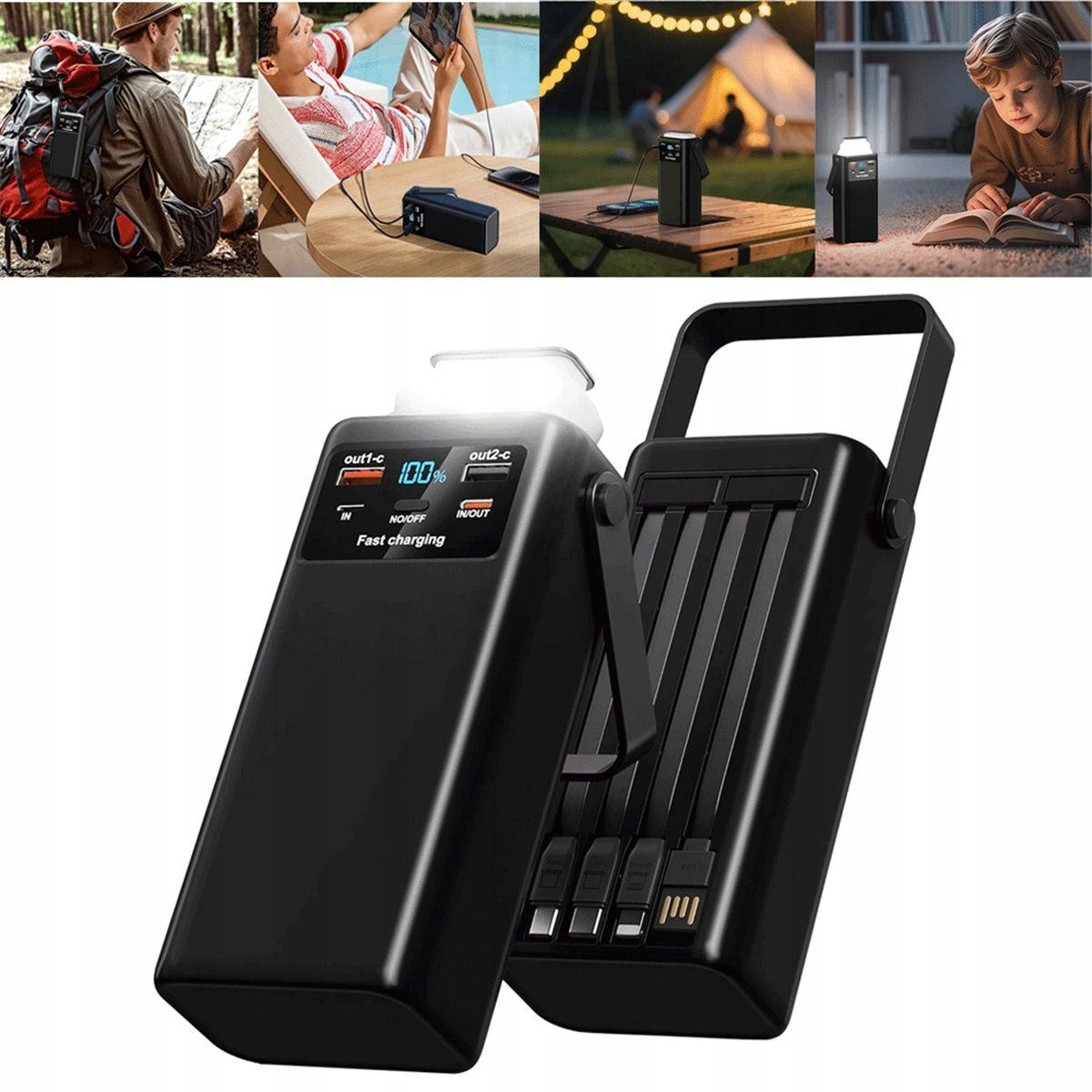 Czarny Power Bank 60000MAH Z Led Latarką I Uchwytem Przenośnym