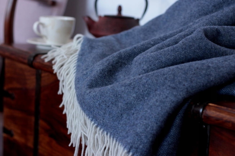 

koc merynos wełniany kaszmir narzuta pled granat