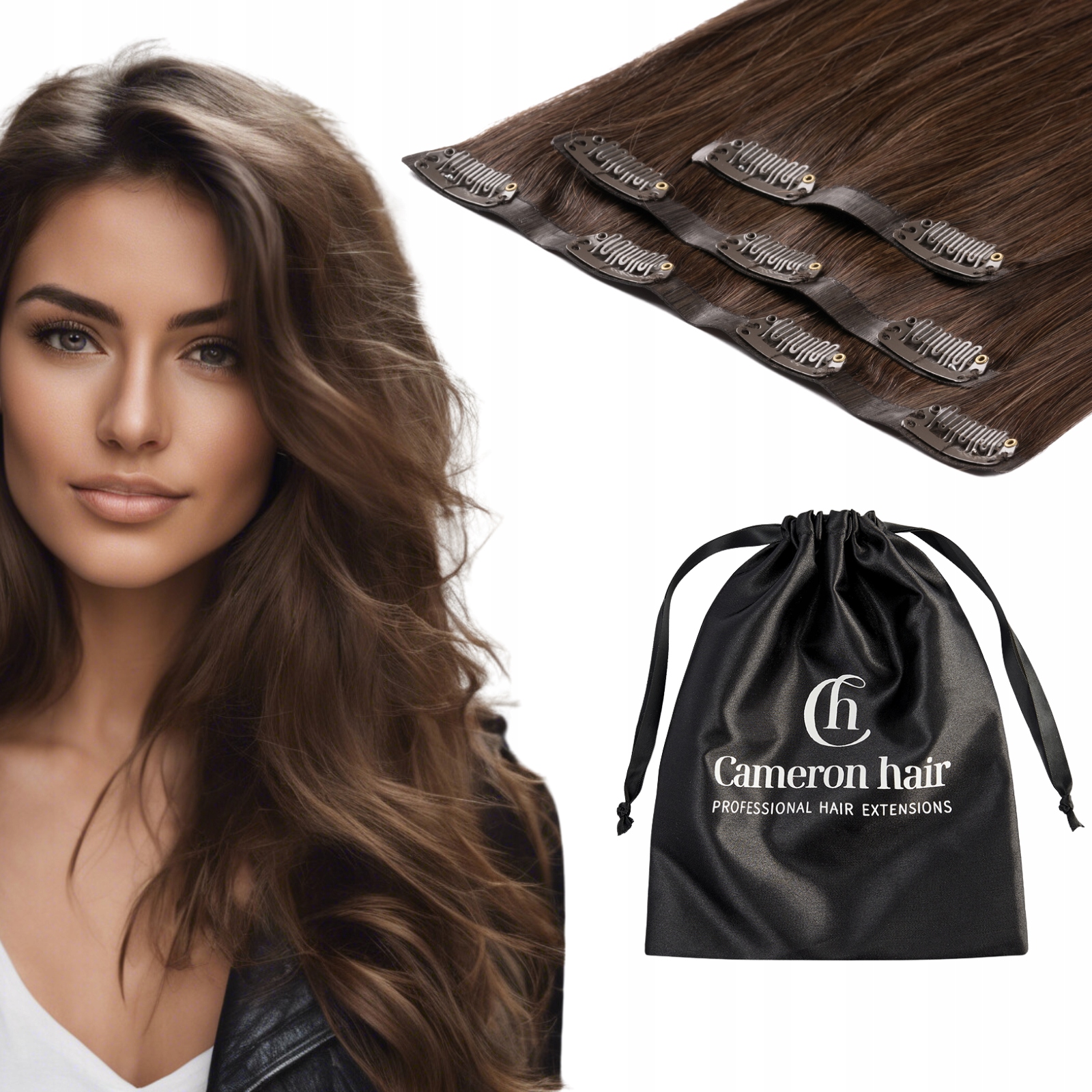 Připínací přírodní bezešvé vlasy Clip In 40 cm sada 40 g #4 koňak hnědý