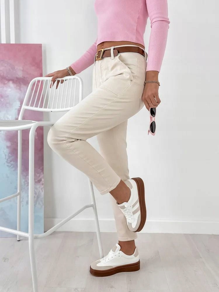 M.SARA DAMSKIE SPODNIE JEANSOWE z Paskiem MOM FIT LUŹNIEJSZE BEŻ 40 / L Rozmiar L