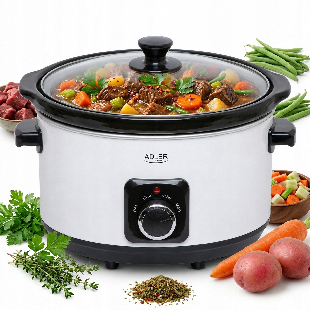 Pomalý Hrnec 5,8L Bílý Adler 290 W Pro 10 Porcí Keramická Mísa 3 Režimy