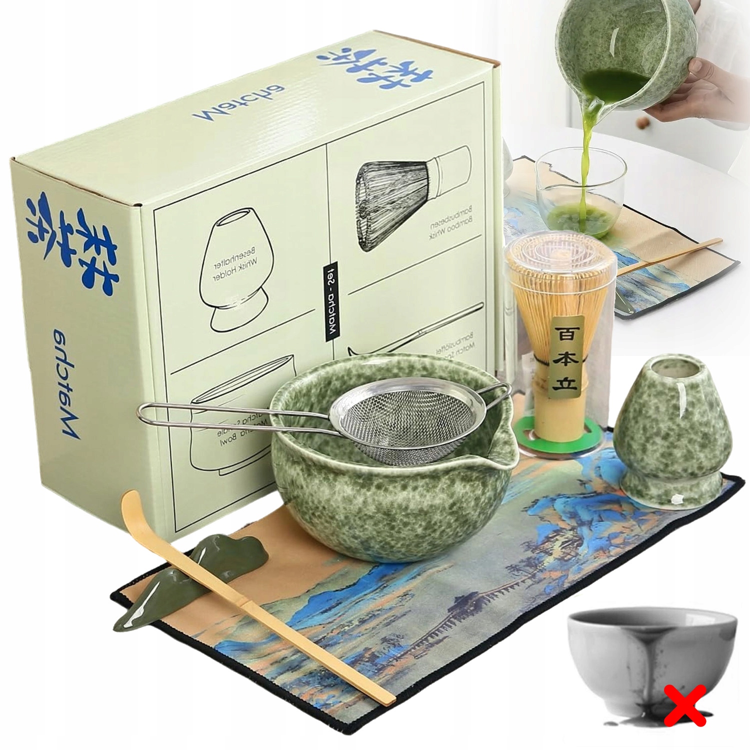 Zestaw Ceremonialny Do Matchy Czarka Miotełka Podstawka Łyżeczka 7 Szt