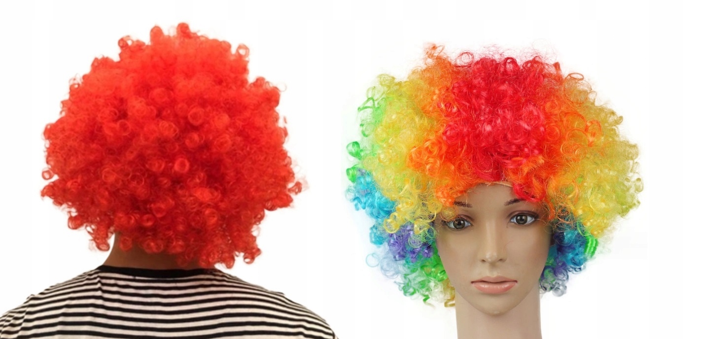 2X Paruka Syntetické Vlasy Afro Kudrnaté Duhové A Červené