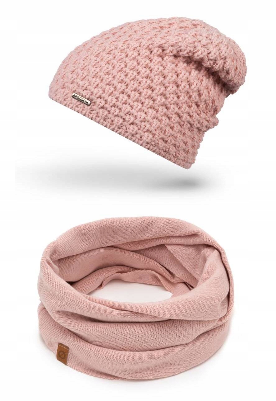Růžový dámský komplet Čepice Zimní Nákrčník Brodrene