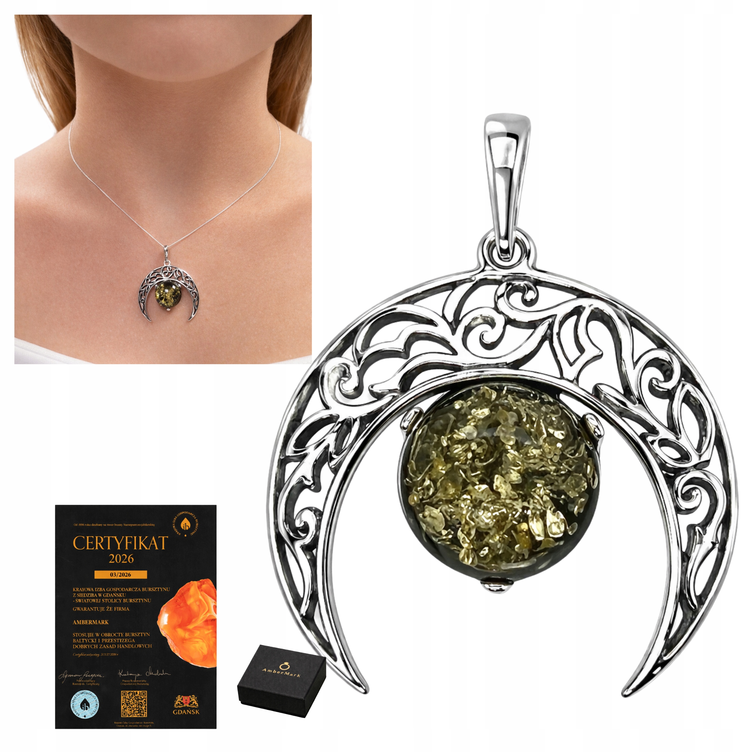 Přívěsek s velkým šperkem a zeleným očkem, baltský jantar, stříbro