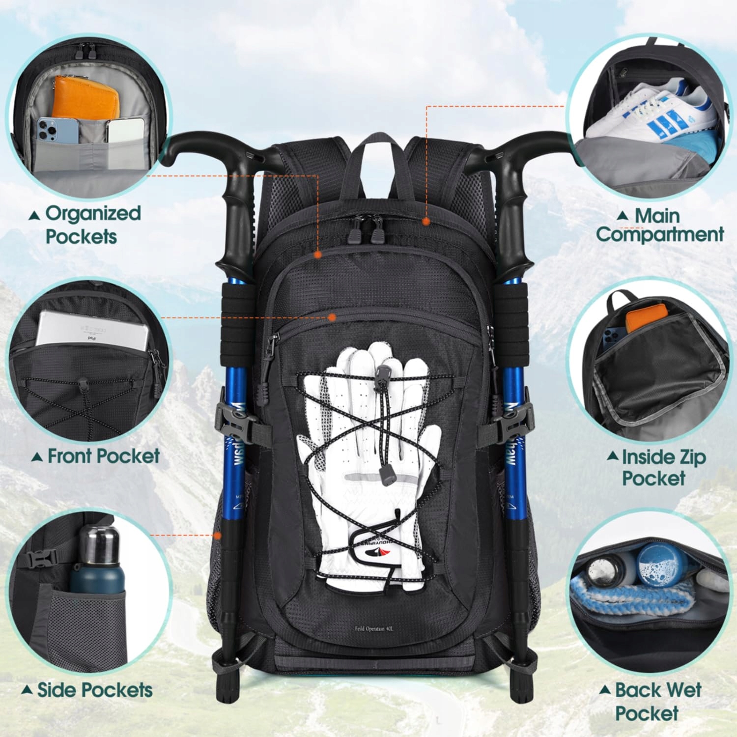 RAINSMORE 40L Wodoodporny Plecak Turystyczny Czarne — miniatura 4