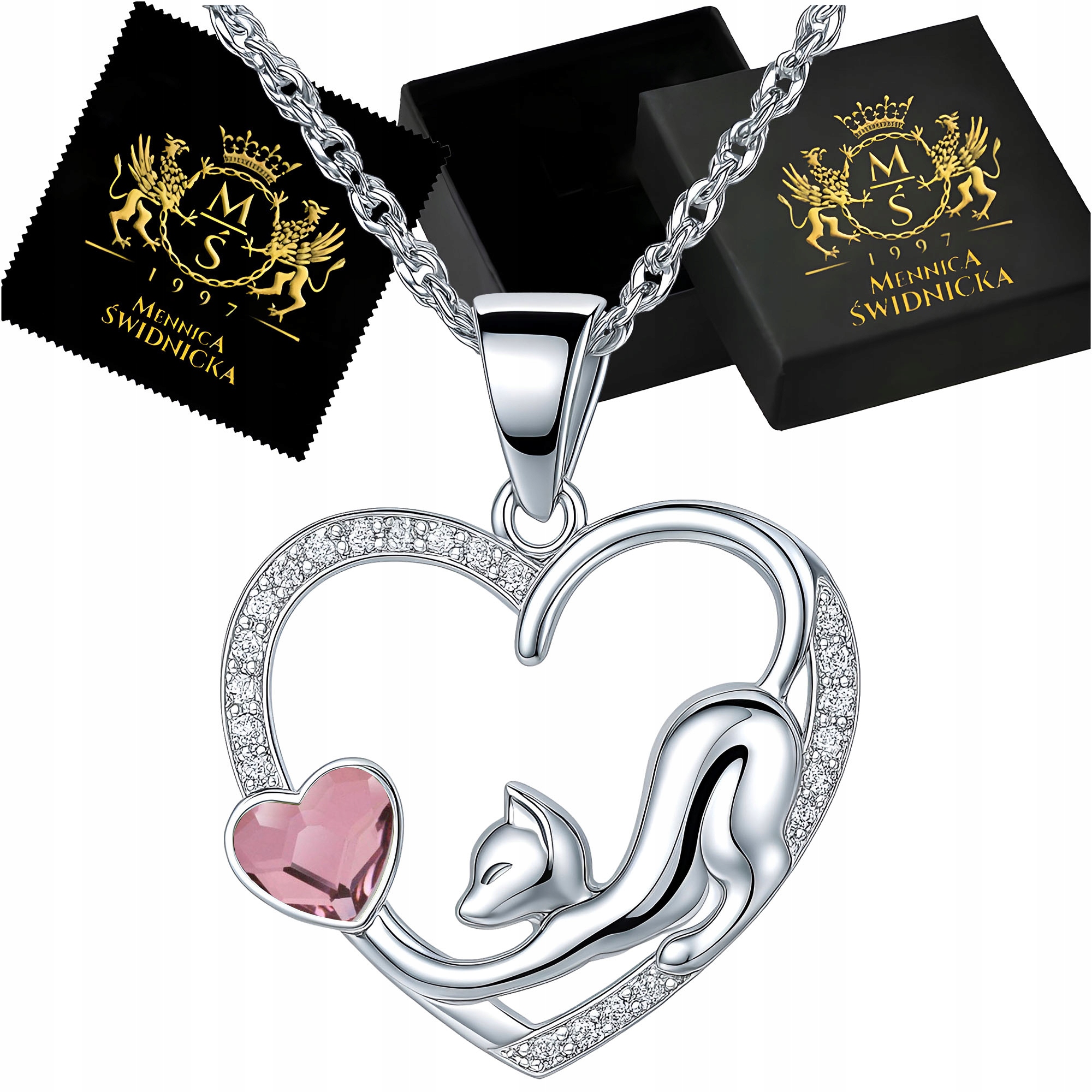 Náhrdelník ze stříbra 925 Kočka v srdci se zirkony Ideální Dárek pro ženy