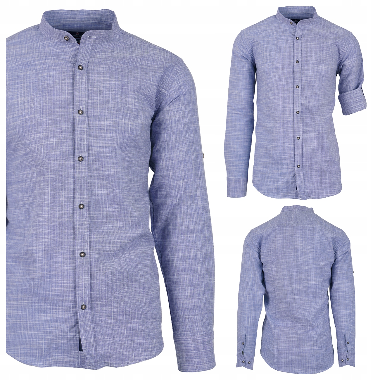 Koszula Męska Ze Stójką A'la Lniana Długi Rękaw Niebieska Turecka XL