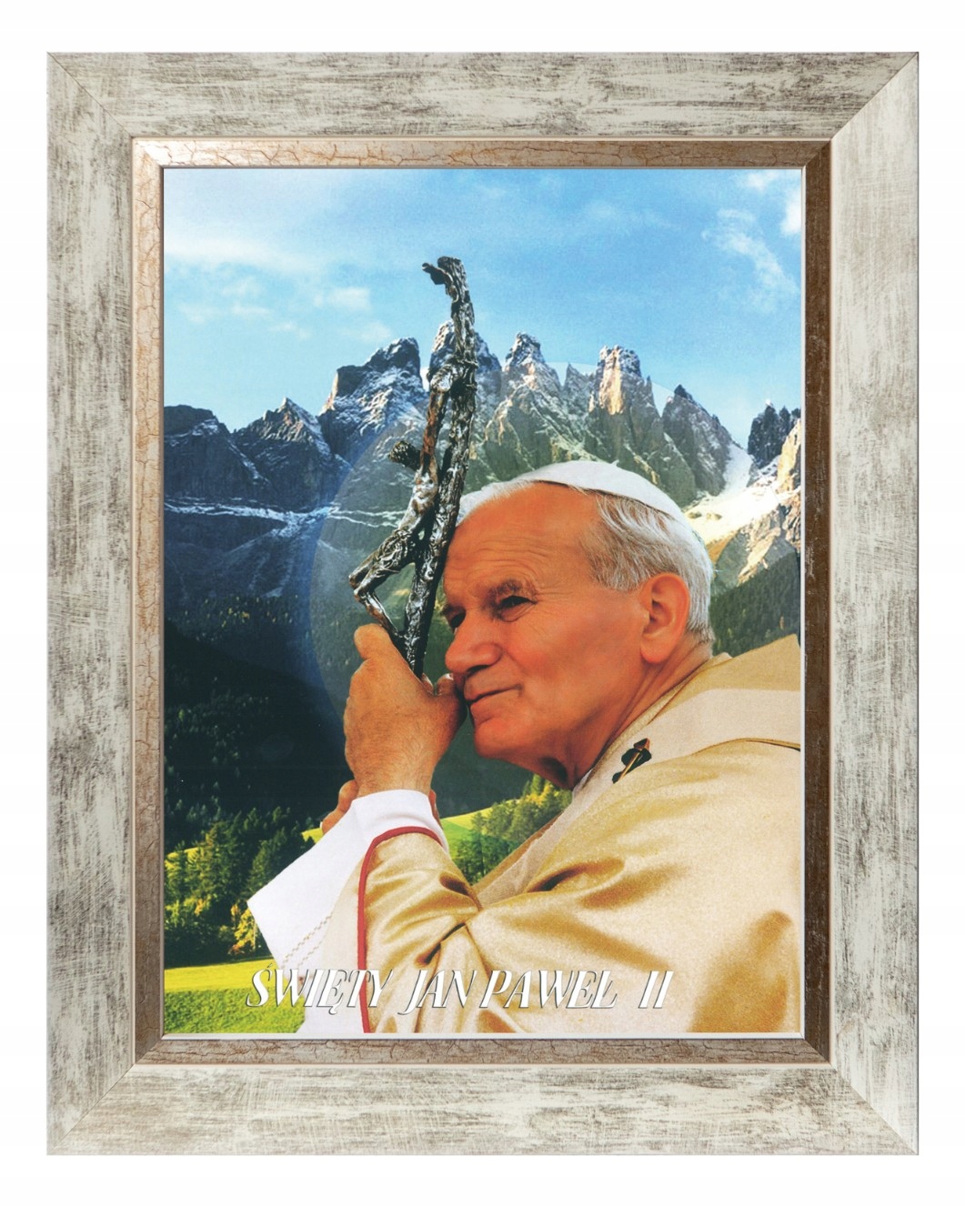 Papež Jan Pavel II Sakrální Obraz V Bílém Ozdobném Rámu 30X40