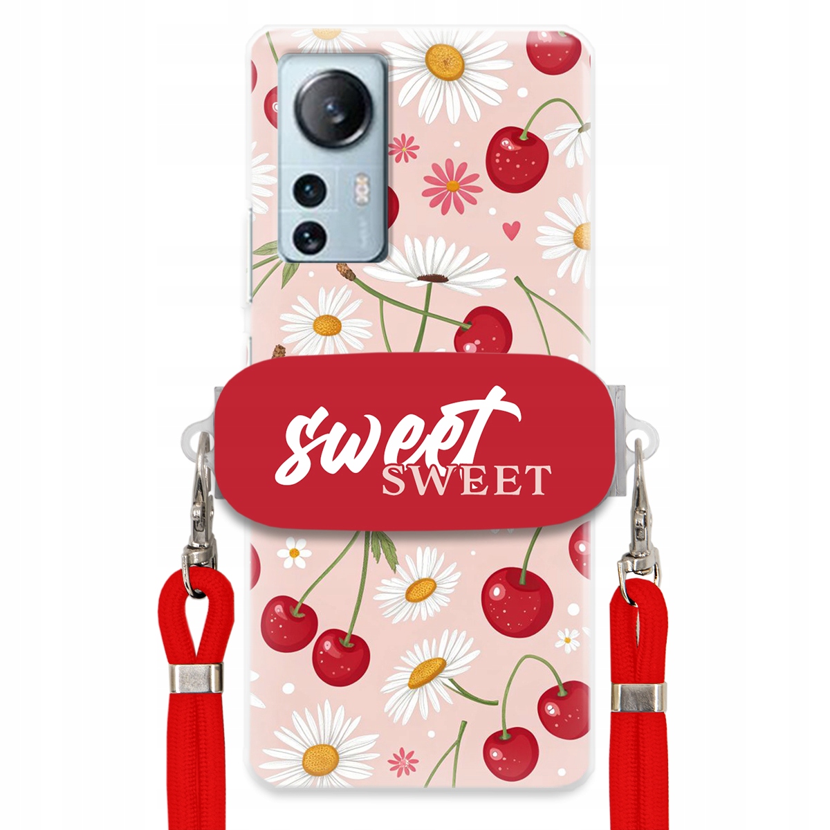 Pouzdro pro Xiaomi 12 Lite Červené vodítko držák Crossbody Sweet Višňový Květ