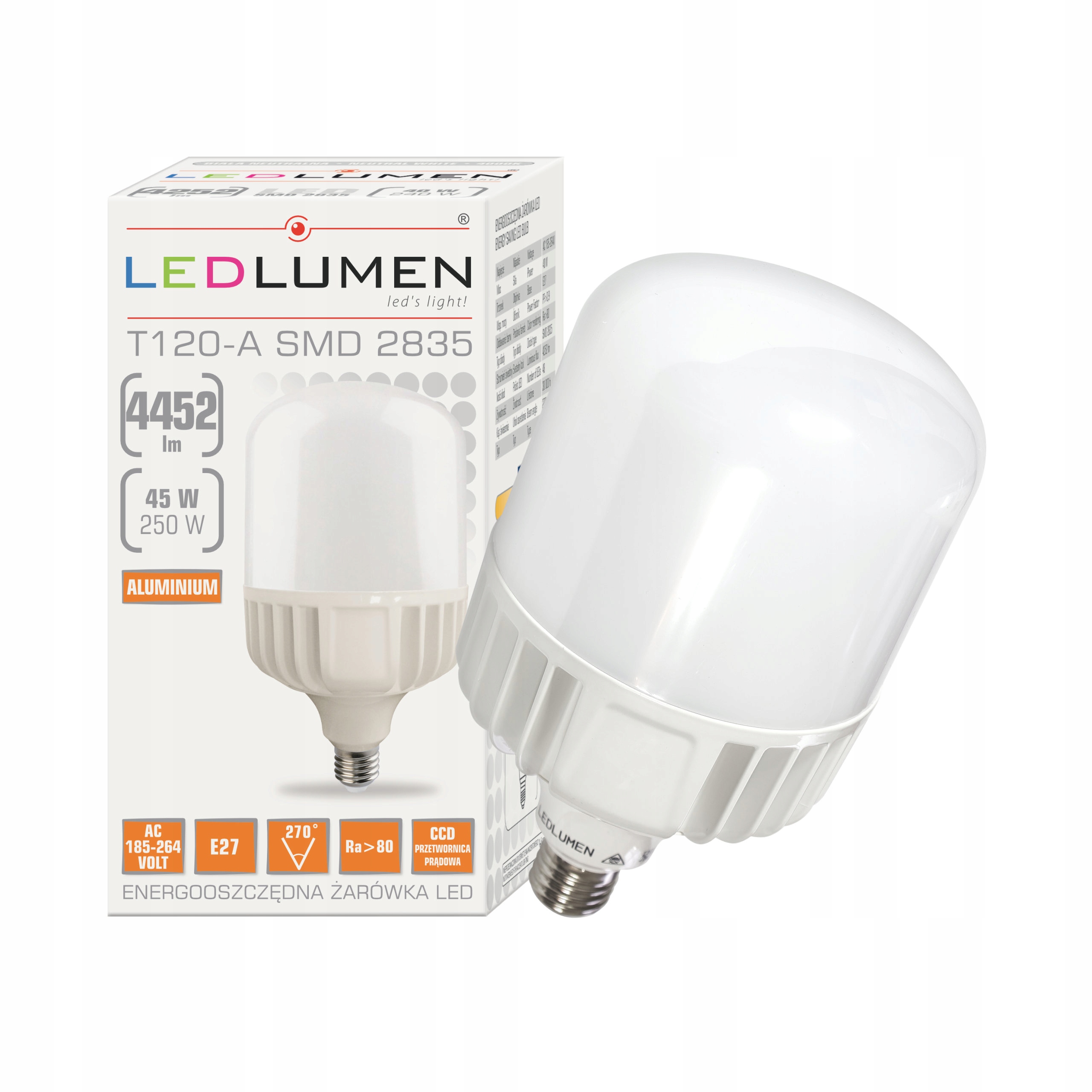 

Żarówka Led E27 T120 45W=250W Smd 4452lm Neutralna