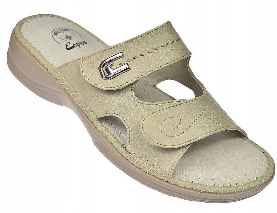 Nazouváky na klínku s křížkem Enplus RS08 béžová kůže na suchý zip vel