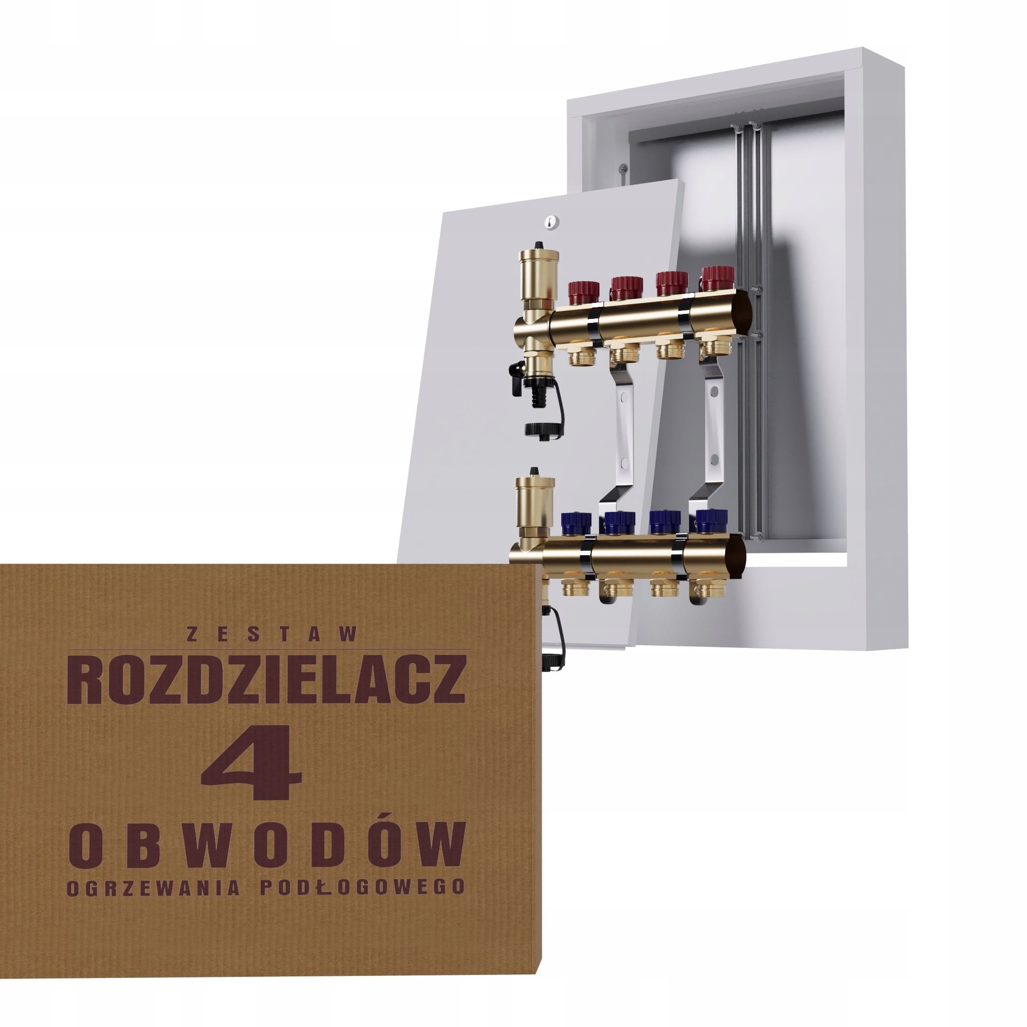 Manuální rozdělovač 4 okruhy pro radiátory nástěnná skříňka