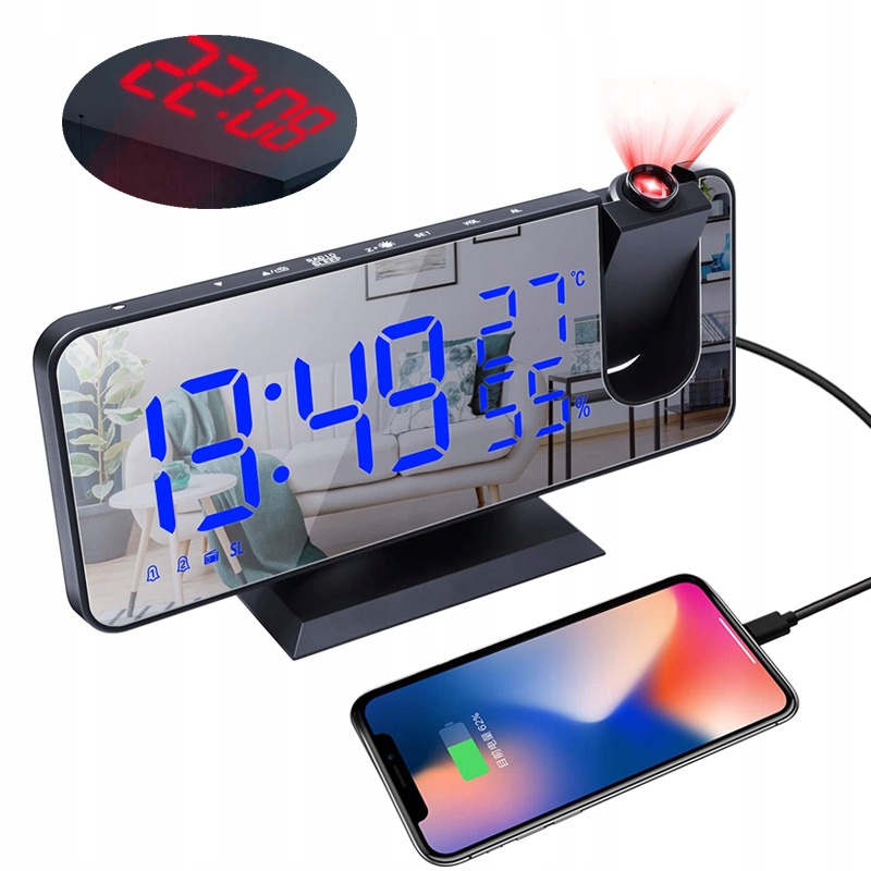 

Zegar Termometr Lustro Z Projektorem Alarm Radio