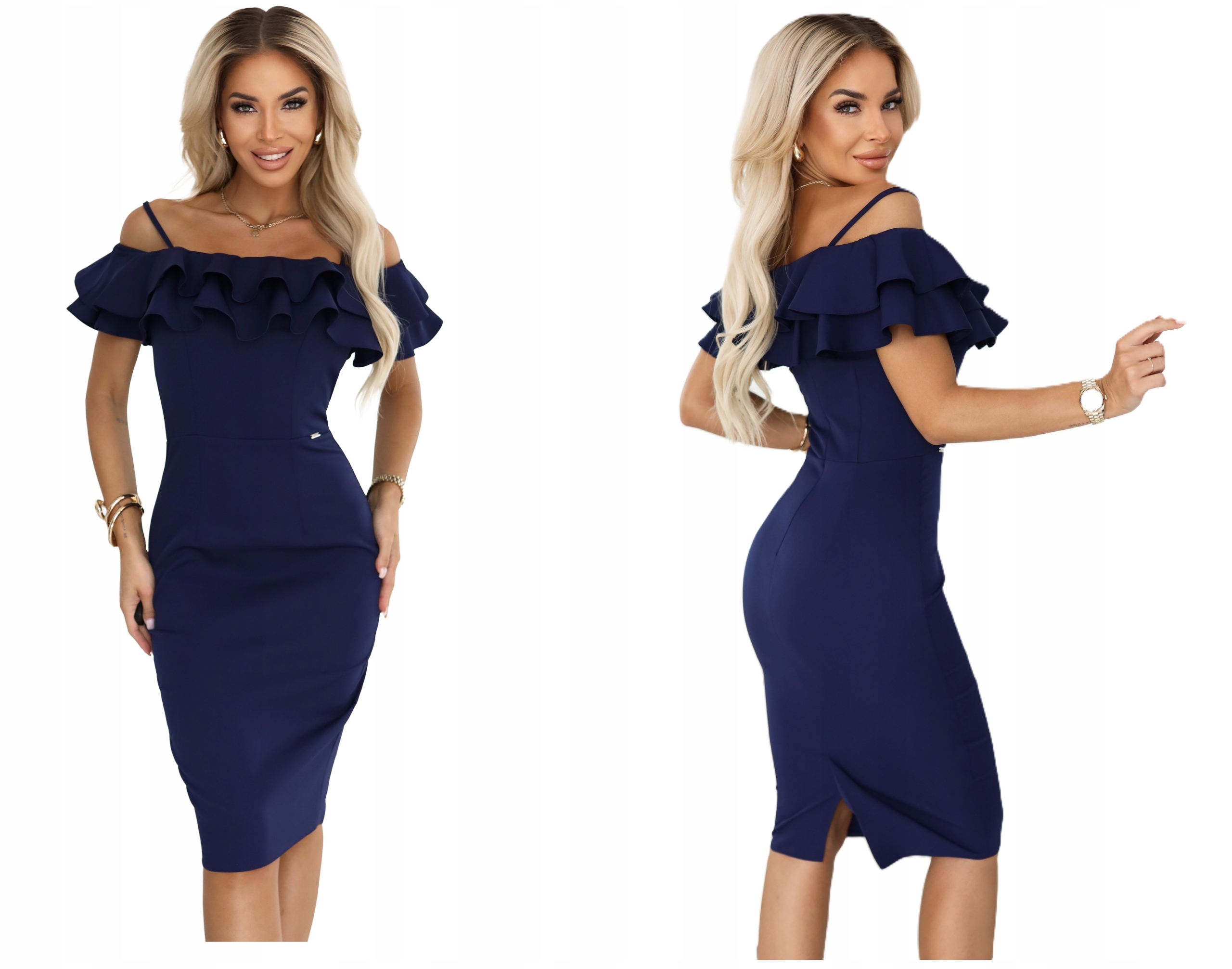 Přiléhavé Šaty S Volánkem, Odhalená Ramena A Záda, Tmavě Modrá Xs