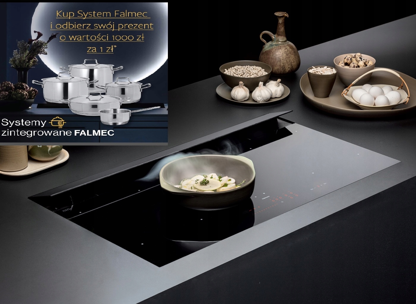 Płyta z okapem garnki Gratis Falmec Brera czarny indukcja mocna 800m3h