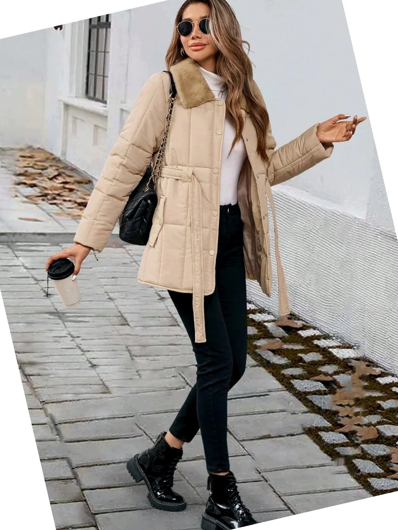 Denní bunda s kožešinovým límcem a prošíváním Béžová Jarní XL