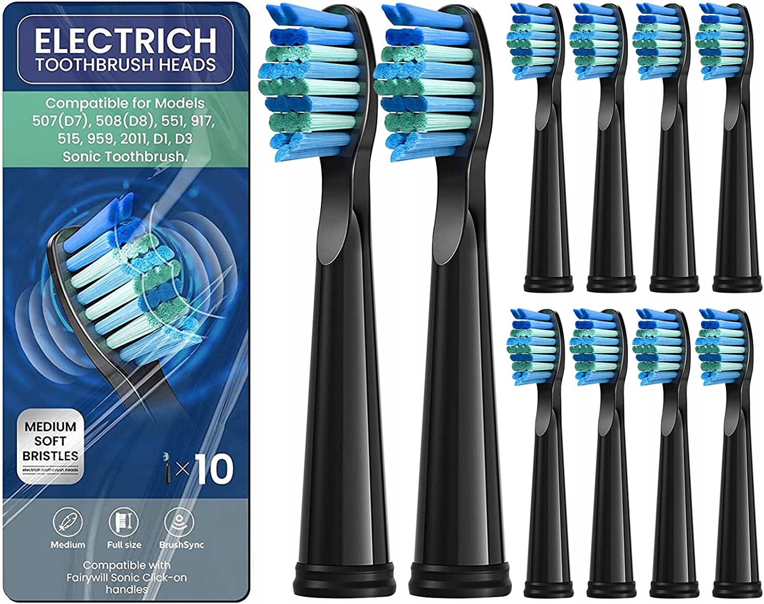 10x Końcówki Czarne Do Szczoteczki Fairywill Seago D7/507/508/917/959