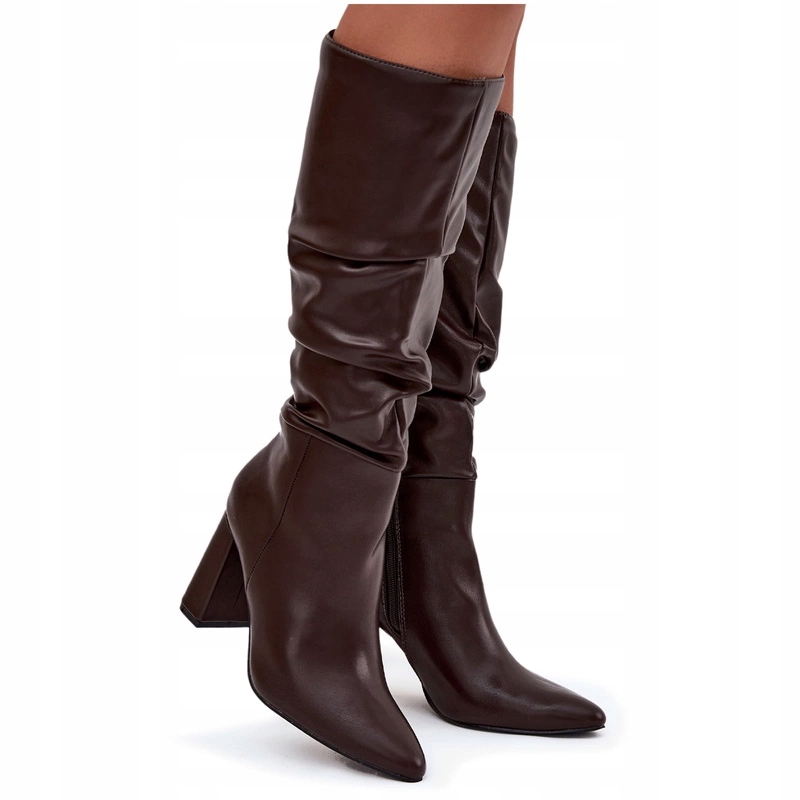 Dámské Kozačky Z Eko Kůže, Zateplené Sloupkem, Zip, Čokoládové Volánky, Velikost 39