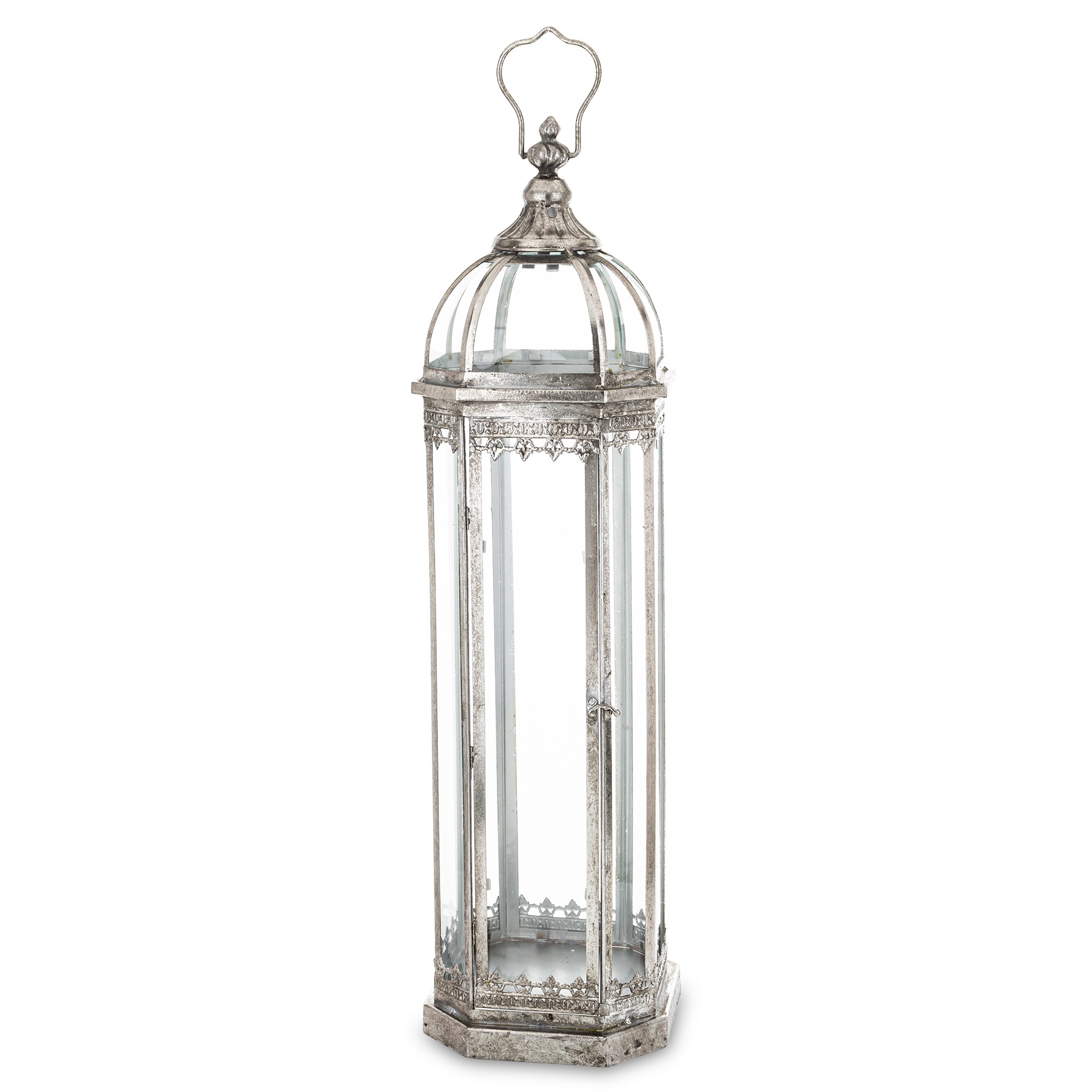 Lampáš kovový vysoký strieborný s patinou vintage shabby chic lampa
