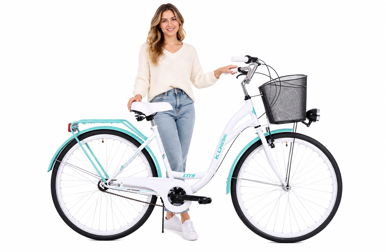 Stylowy rower miejski damski 28 Kozbike biało-morski kosz Led