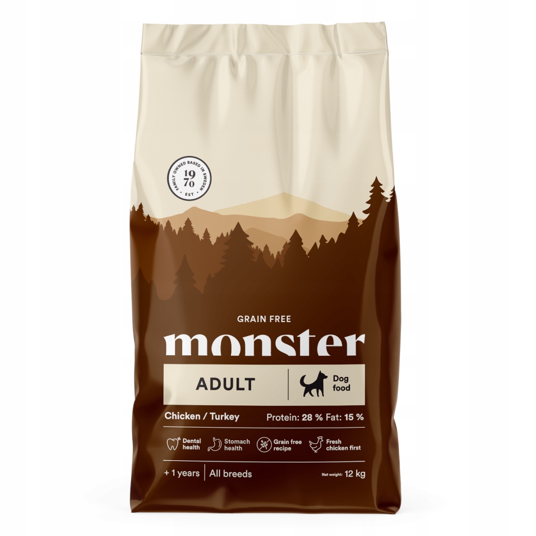Monster Dog Adult 12kg Bezobilné suché Krmivo pro psy Kuře s krůtím masem