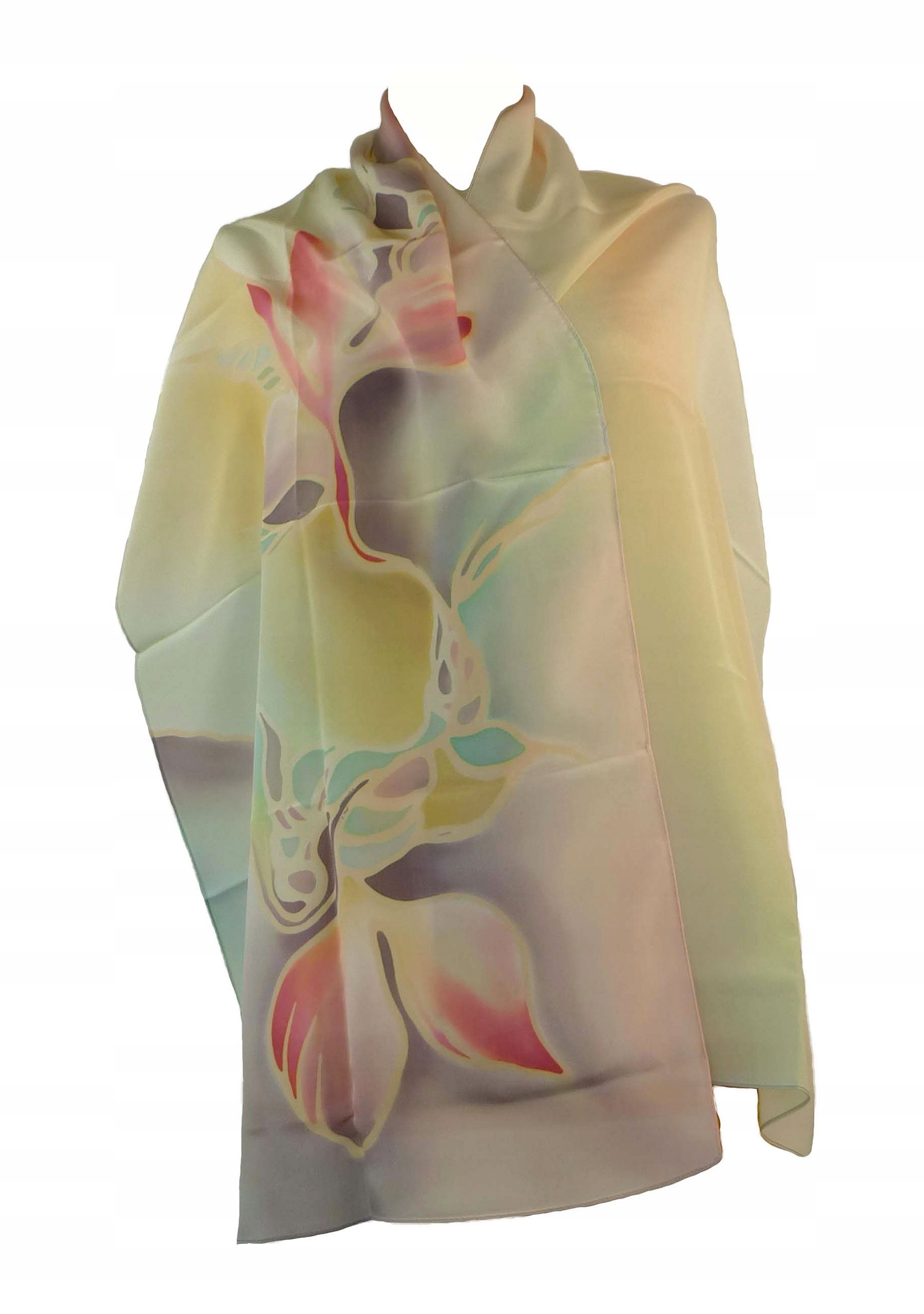 Milanówek hedvábná šála kreslená růžovými orchidejemi na pastelovém pozadí