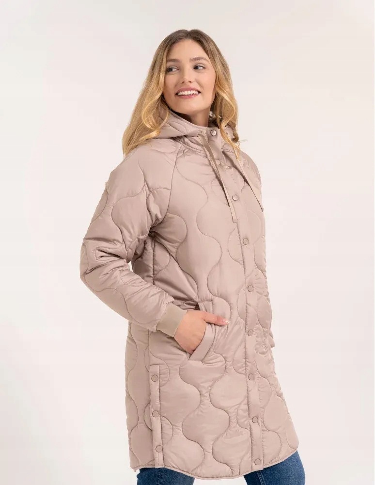 Béžová dámská prošívaná přechodová bunda Stylový kabát s kapucí XXXL
