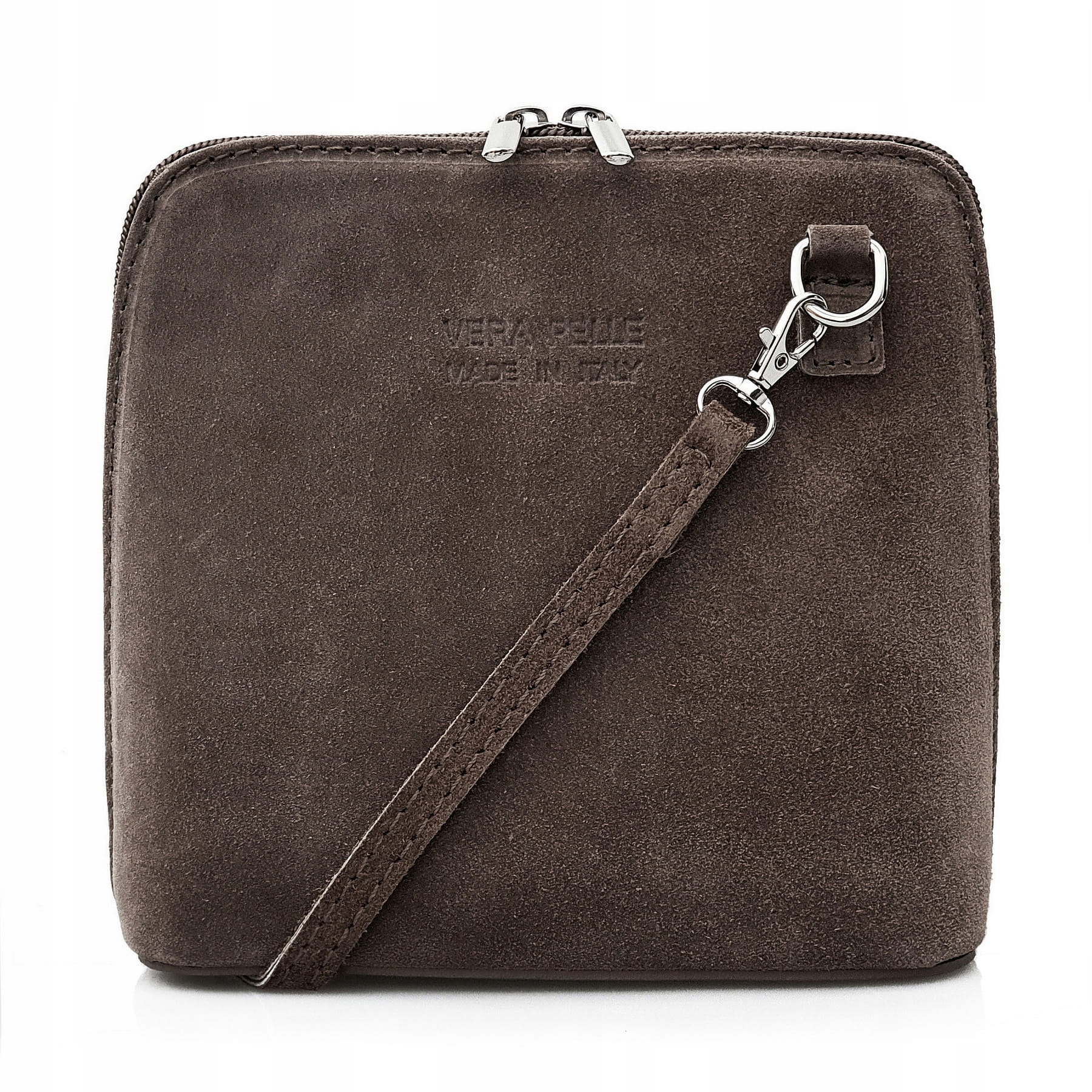 Vera Pelle torebka damska zamszowa listonoszka stożek z paskiem C.brązowa