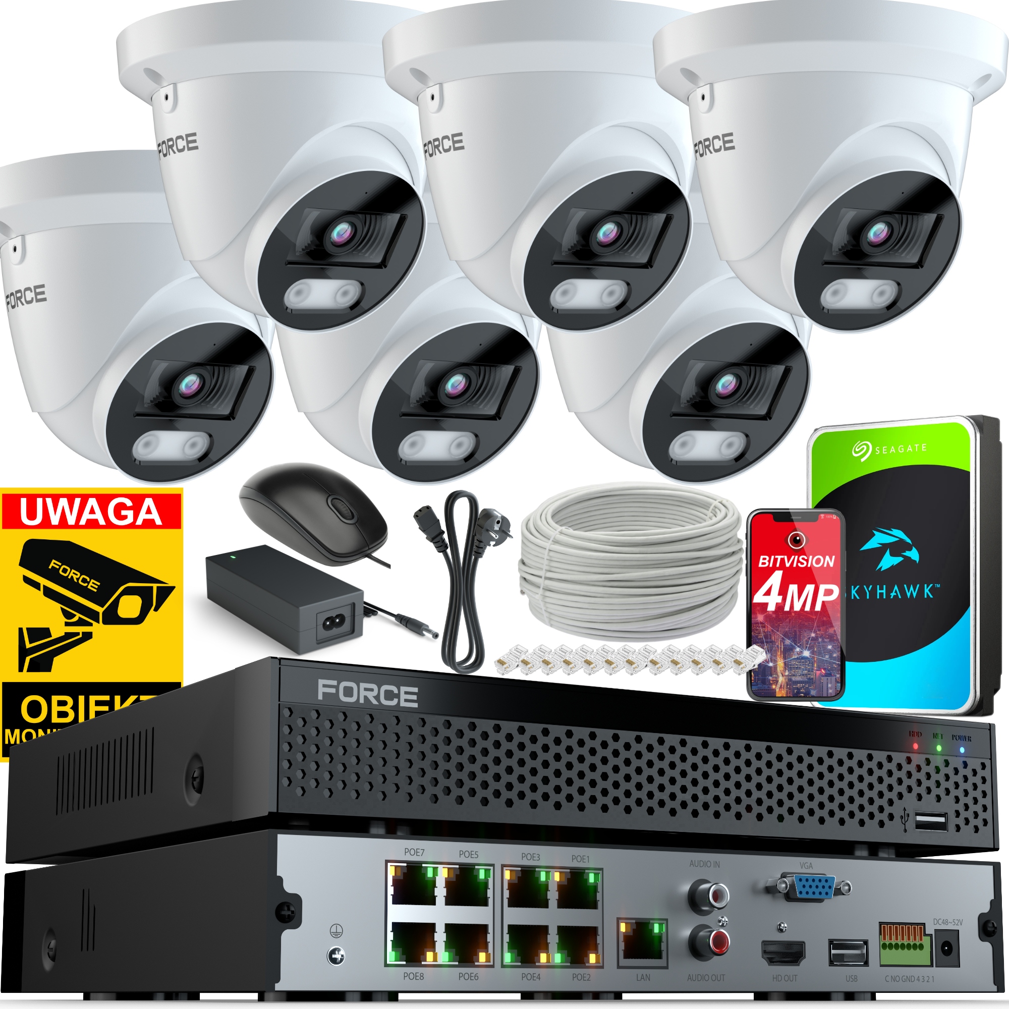 Force Monitorovací sada 6x Ip kamera 4MPx 2K, Disk 1TB, Poe Rekordér