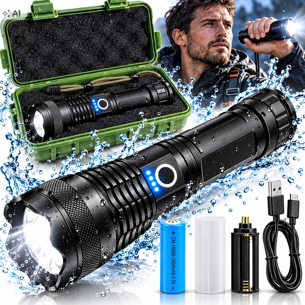 Latarka Akumulatorowa Taktyczna Led XHP90 Mocna Wodoodporna Zoom Usb