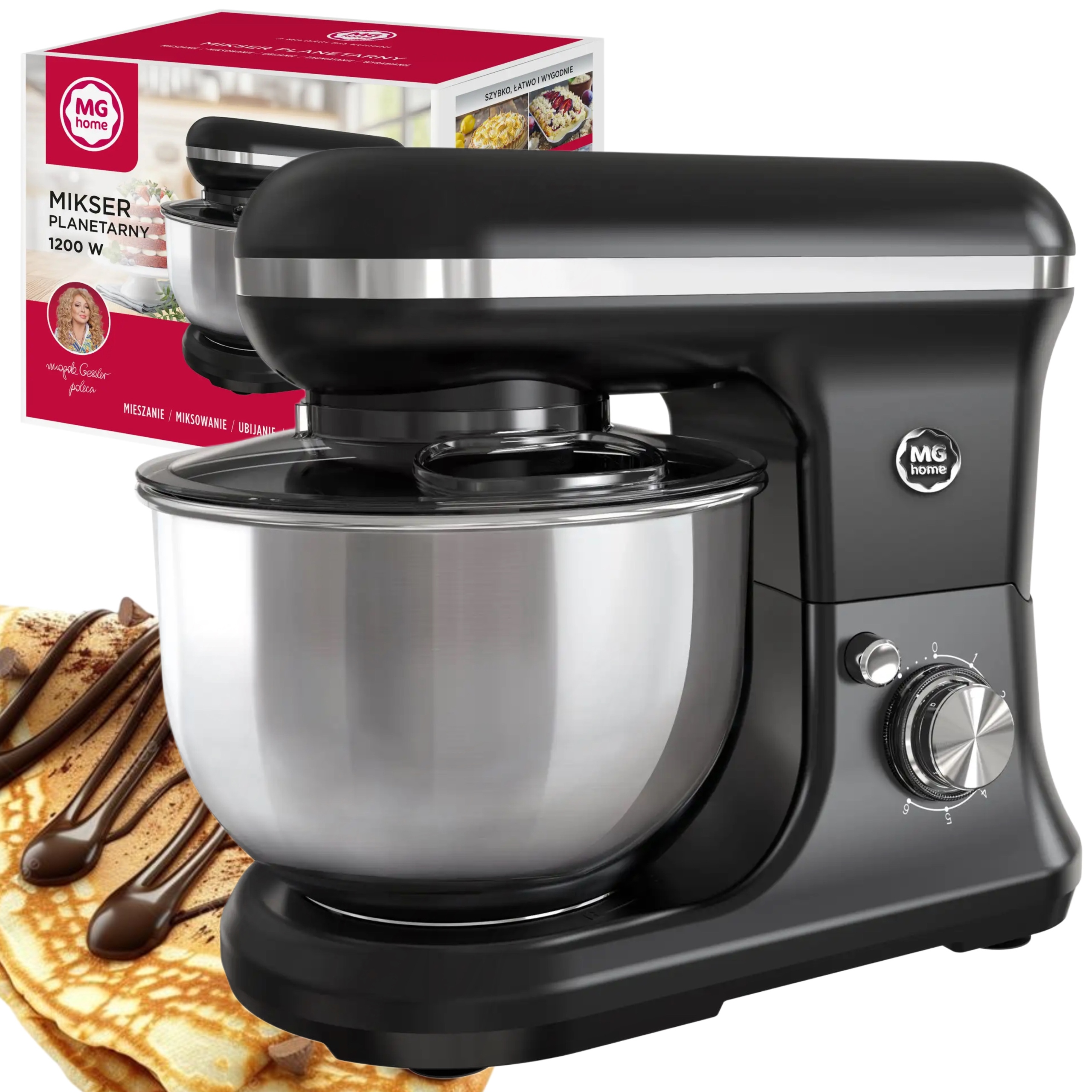 Planetární Mixér 5L 1200W 3 Nástavce 6 Rychlostí Černý S Mísou Velký Mghome