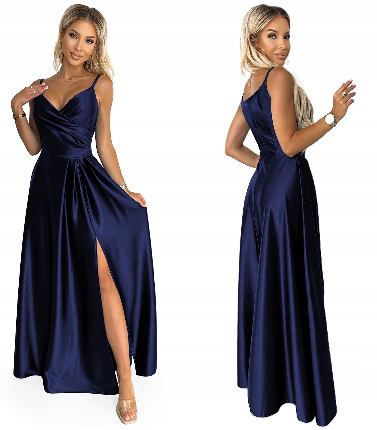 Elegantní Saténová Šaty Na Ramínka S Velkým Výstřihem Na Boku, Tmavě Modrá L