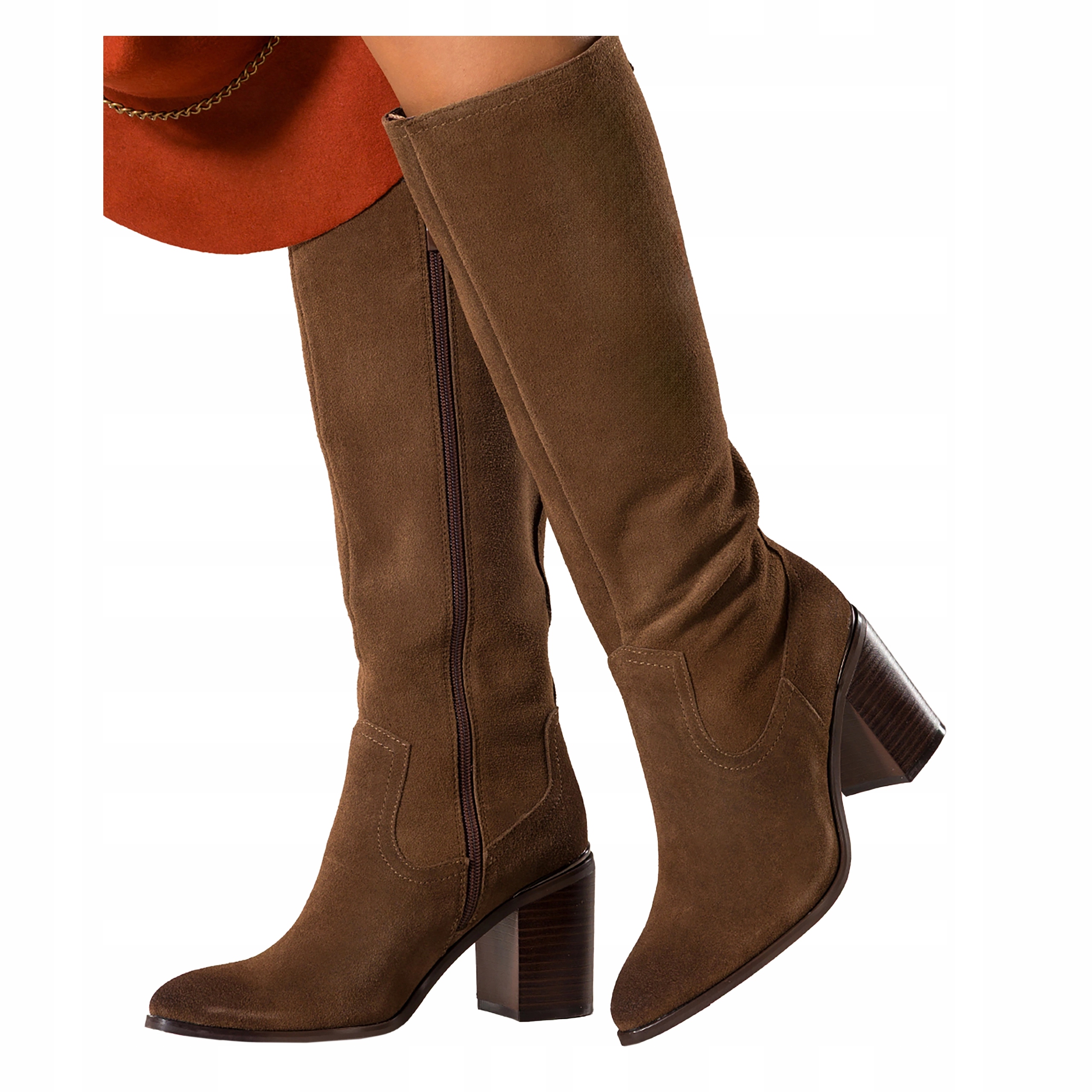 Dámské kozačky Hnědé Kožené Před kolenem Elegantní Na Podpatku vel. 40