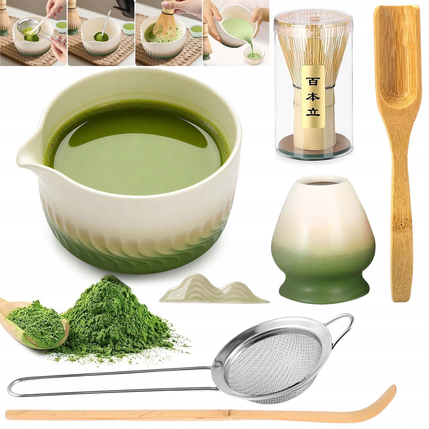 Zestaw Prezentowy Do Herbaty Matcha Czarka Miotełka Podstawka Łyżeczka