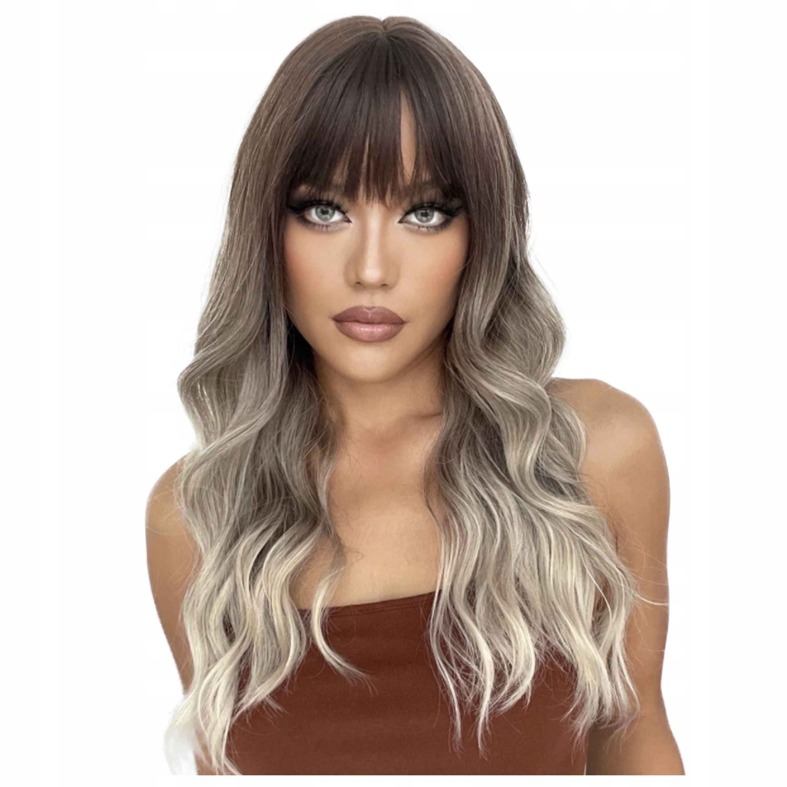 Peruka damska Ombre peruki brąz Platyna grzywka długie włosy Jak Naturalna