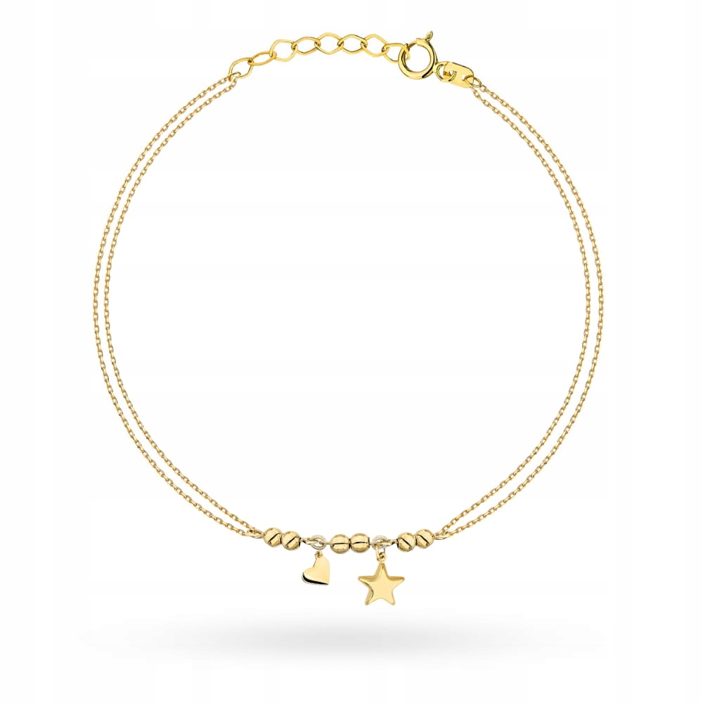 Zlatý náramek 585 s hladkými kuličkami, srdcem a hvězdičkou na řetízku