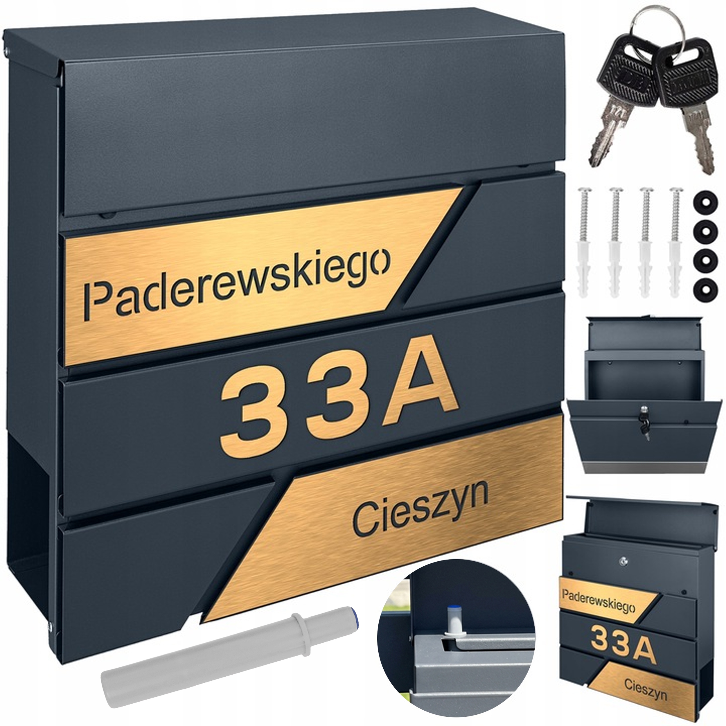 Moderní Poštovní Schránka Se Zlatou Adresou Vyřezávanou Laserem