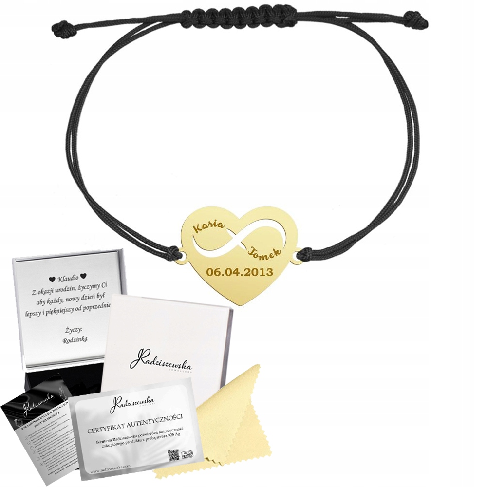 Náramek Zlaté srdce Jména Datum 925 Šňůra Výročí Dárek Gravírování