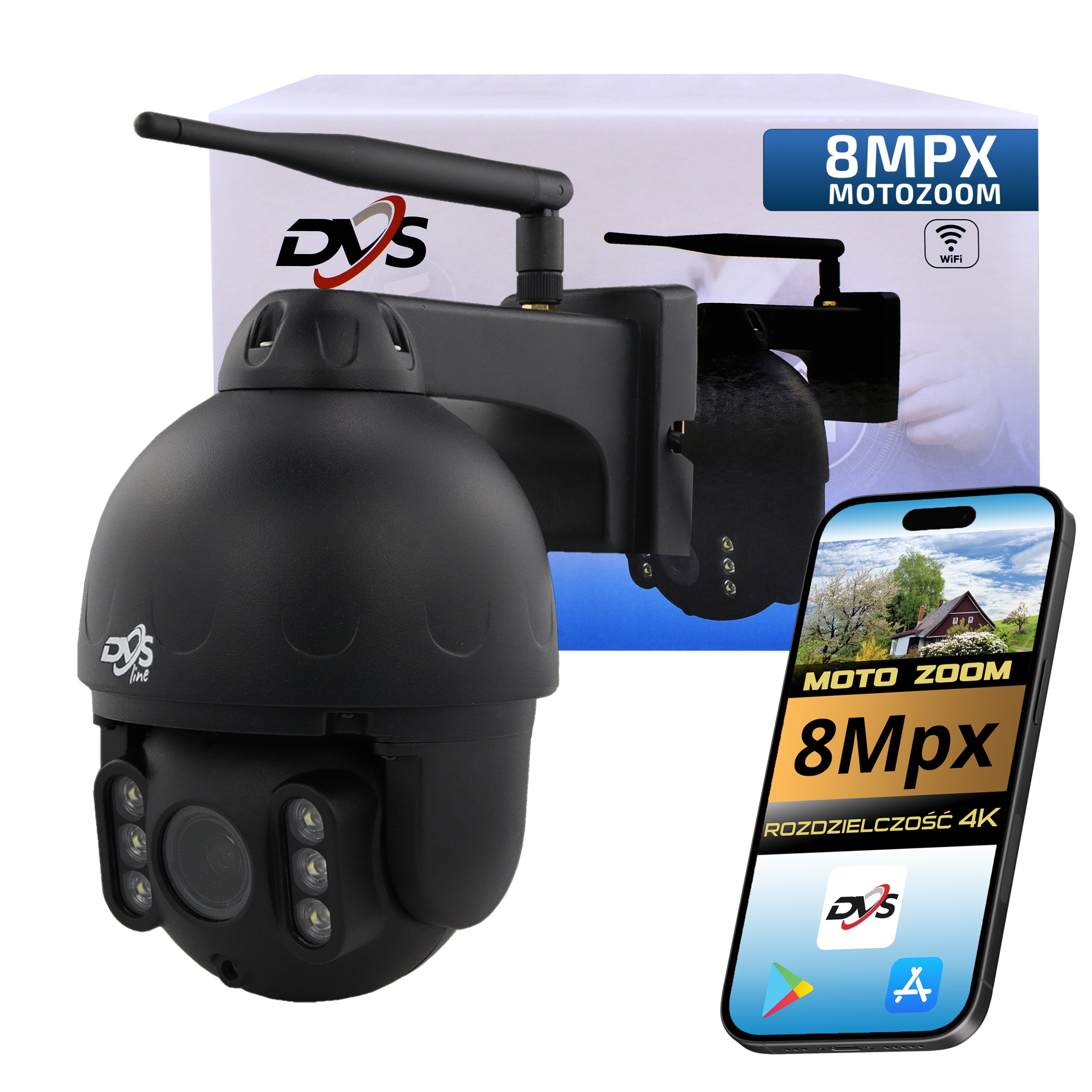 Czarna zewnętrzna kamera WiFi obrotowa 4K 8Mpx bezprzewodowa motozoom DVS