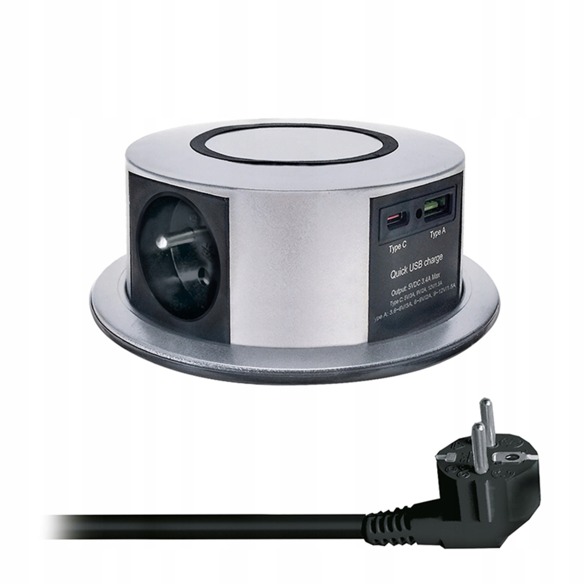 Solight výsuvný blok 3 zásuvky, Usb A C Pd 20W, Wireless 10W, 2m, strieborný