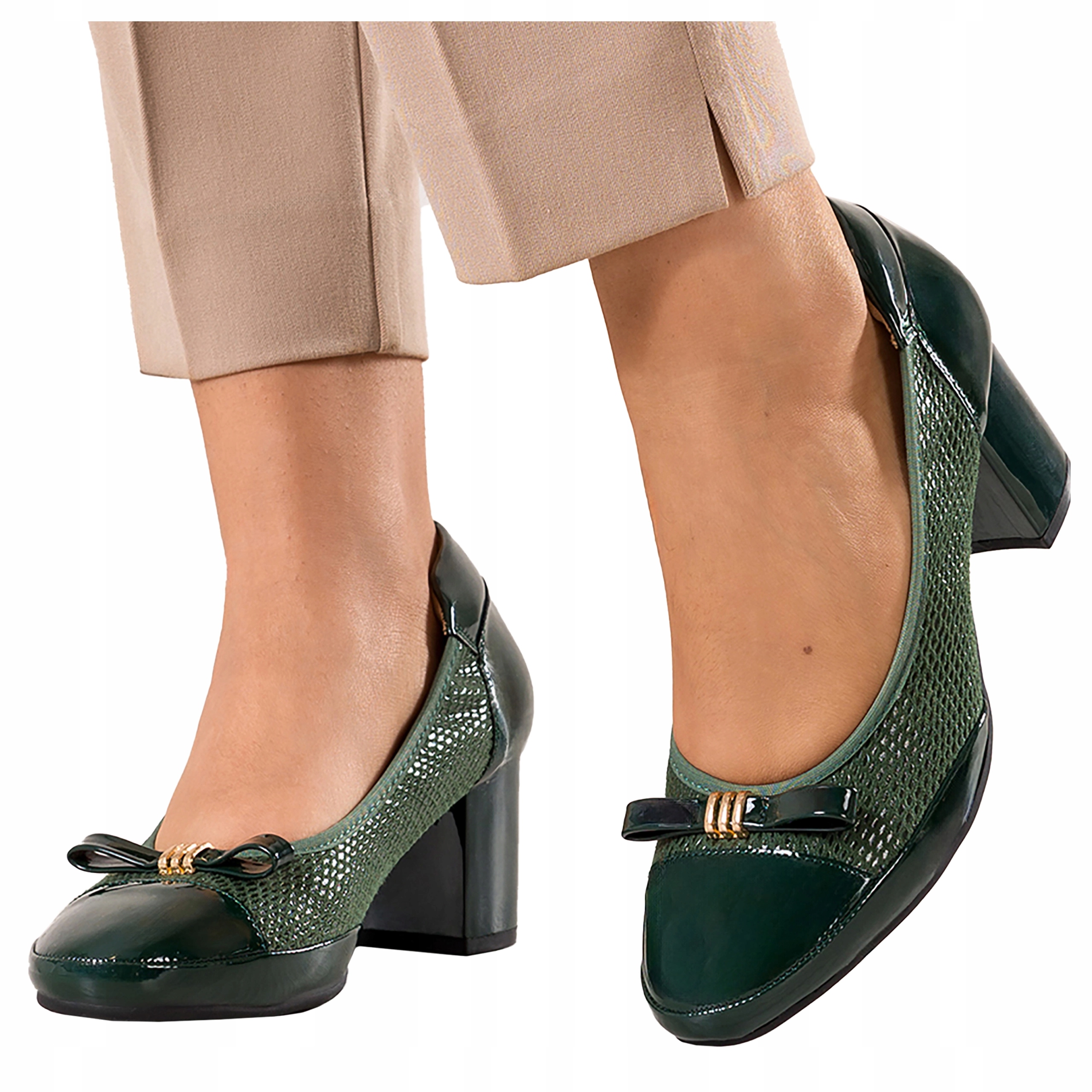 Dámské zelené lodičky s mašličkou, měkká kožená stélka na podpatku, velikost 37